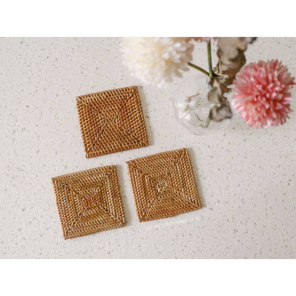 Bali Harvest - Wholesale Coasters - Square Rattan Coaster - Brown Boho Straw Raffia Wicker Drink2