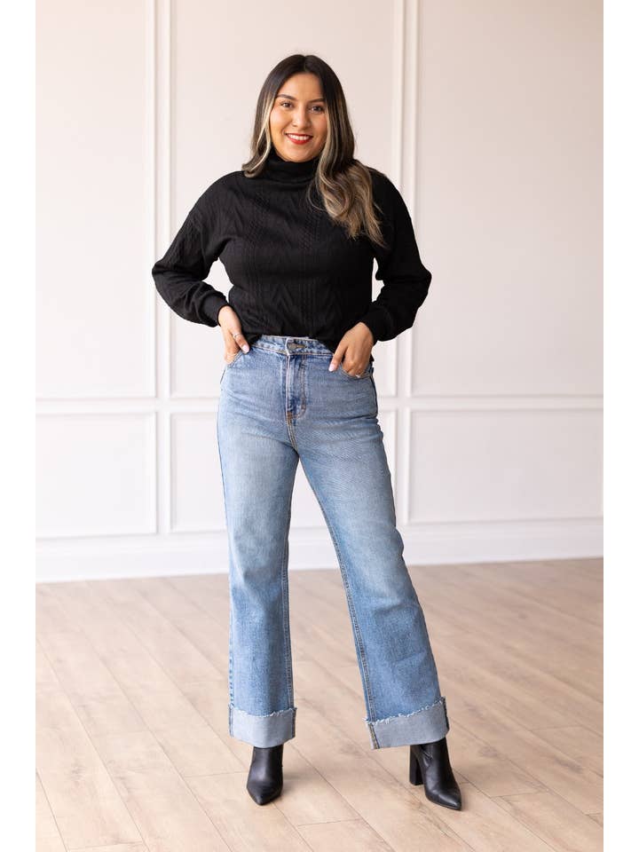 Noir Pull en tricot à col roulé noir Heathered Hug en vente sur Faire1