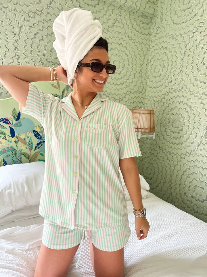 KENZKUSTOMZ - Wholesale Sleepwear Set - Women's - Green + Pink Stripe - Short Pajama Set