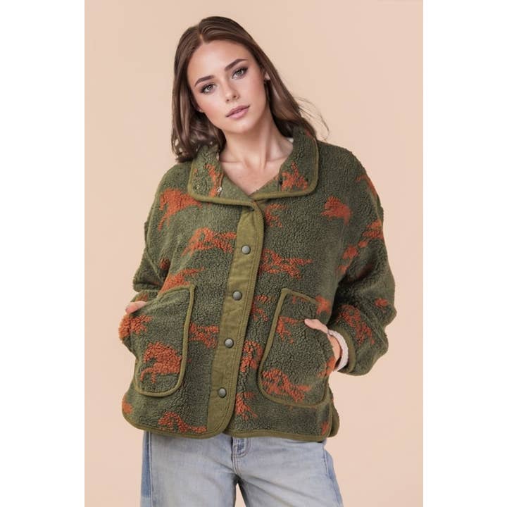 Oversized Horse Printed Casual Fleece Jacket for wholesale by IVE