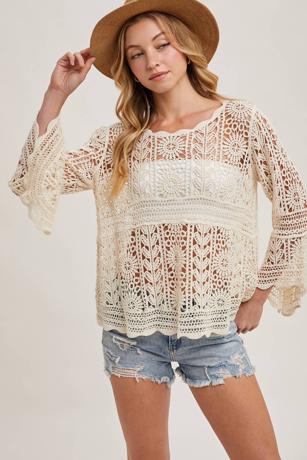 Bluivy - Wholesale Knit Top - Women's - CROCHET SHEER BELL-SLEEVE PULLOVER TOP0