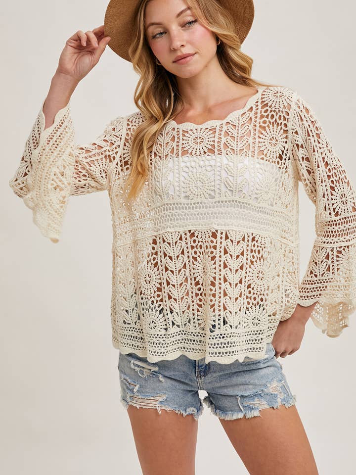 Bluivy - Wholesale Knit Top - Women's - CROCHET SHEER BELL-SLEEVE PULLOVER TOP