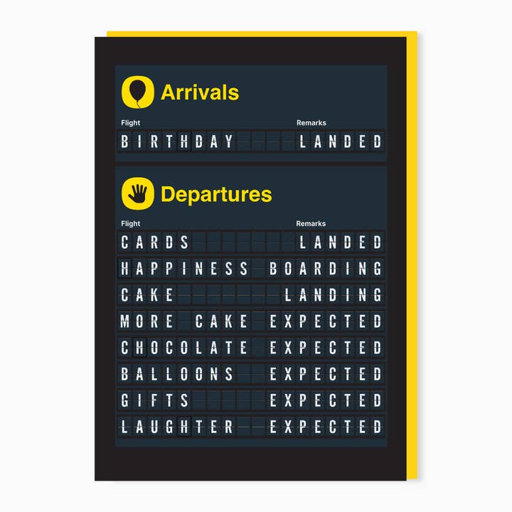 Birthday arrivals board – unusual birthday card for wholesale by Stoats & Weasels