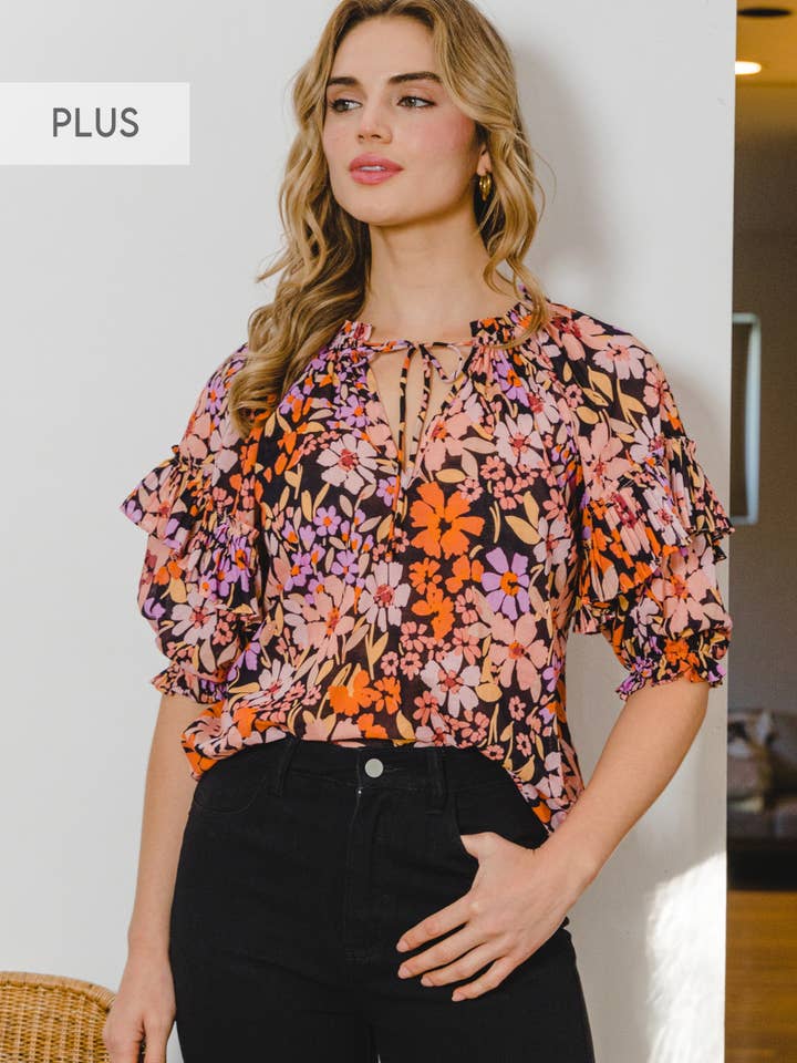 Plus Floral Center Tie V-Neck Front Blouse for wholesale by Oddi