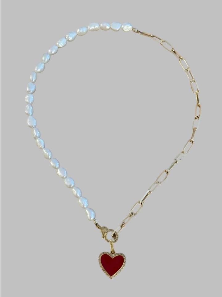 Colar de Coração de Diamante Vermelho e Pérola por atacado de Queenbitter