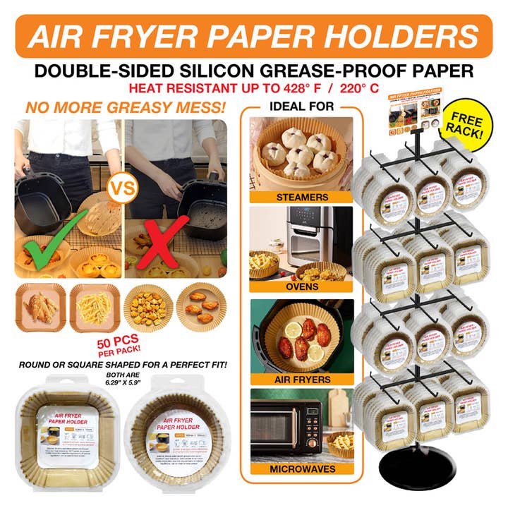 100pc Air Fryer Liners 50 per pack Display for wholesale by Deluxe Import Trading