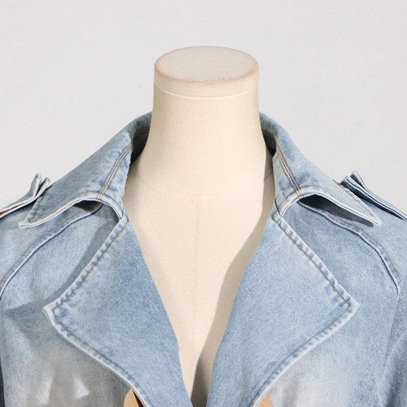 KHAKI Women's Denim Jacket With Contrast Lapel And Ruffle Hem for wholesale on Faire4
