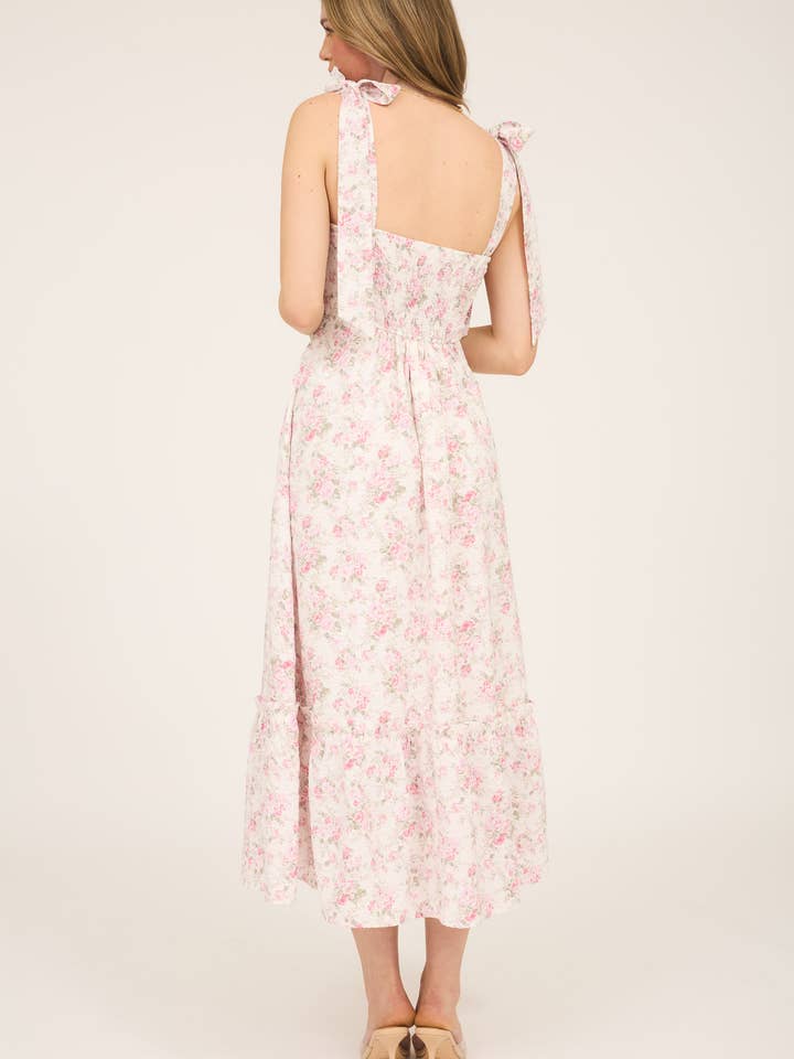 Blu Pepper - Wholesale Dress - Women's - FLORAL TIE STRAP RUCHED DETAIL MAXI DRESS