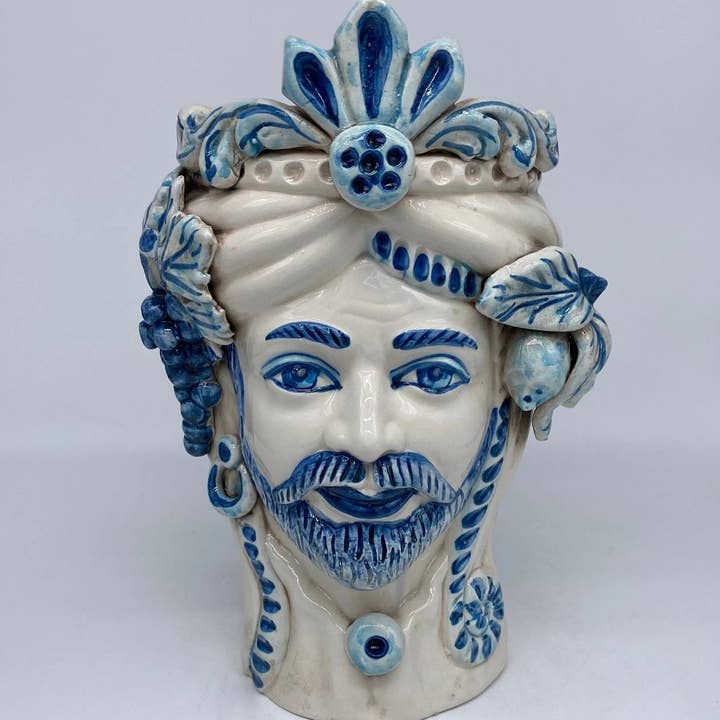 DD Ceramiche Siciliane - Wholesale Vase - Classic Moor's Head Caltagirone Ceramic cm H.27 L.20 Handcrafted White Blue7