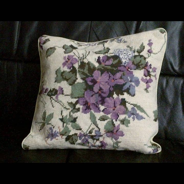 Wool Needlepoint Blue Violets Tapestry Pillow Cover for wholesale by Eastern Sunrise Lace And Linens Inc.