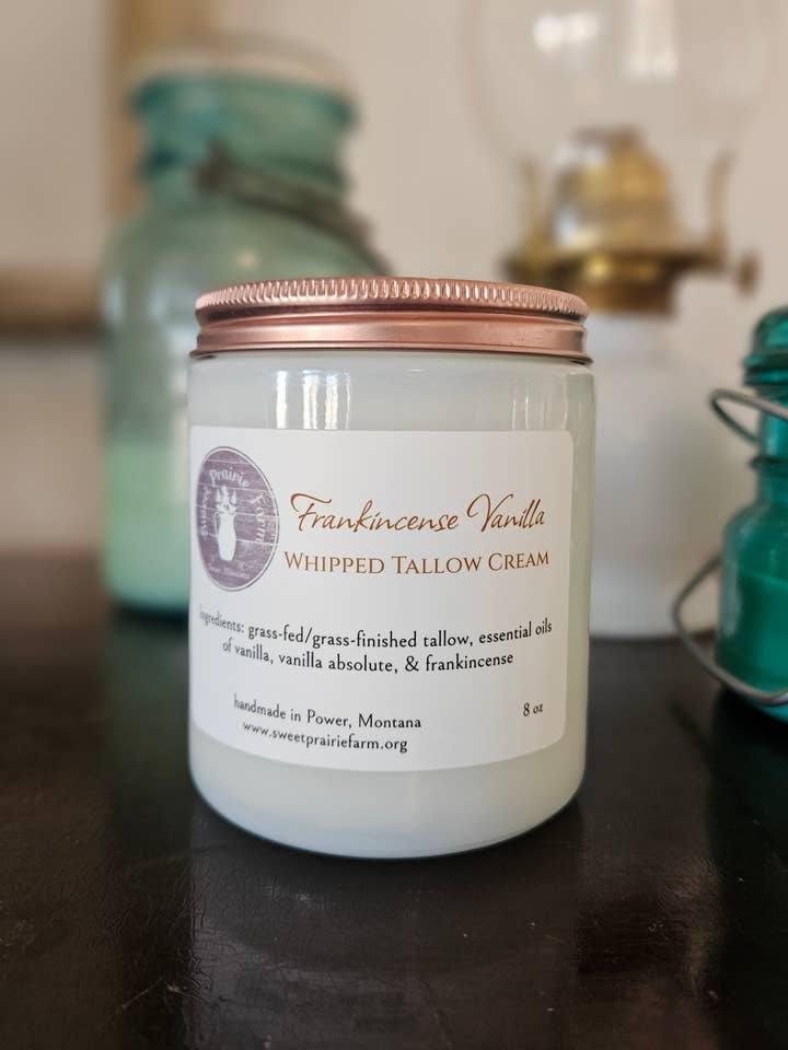 Frankincense Vanilla Whipped Tallow Cream for wholesale by Sweet Prairie Farm, LLC