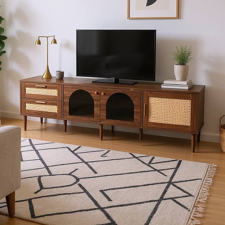 HOMYCASA DESIGN INC - Wholesale Console Table - Rattan TV Stand with LED Lights 3 Cabinets for 80" TVs0