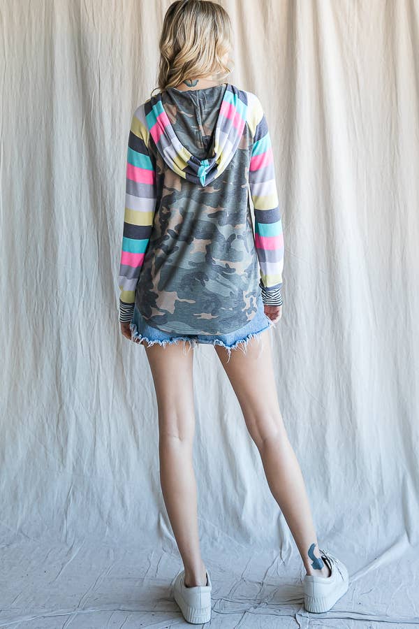 7th Ray - Wholesale Hoodie - Women's - Camo Print Stripe Raglan Sleeve Drawstring Hoodie T45499