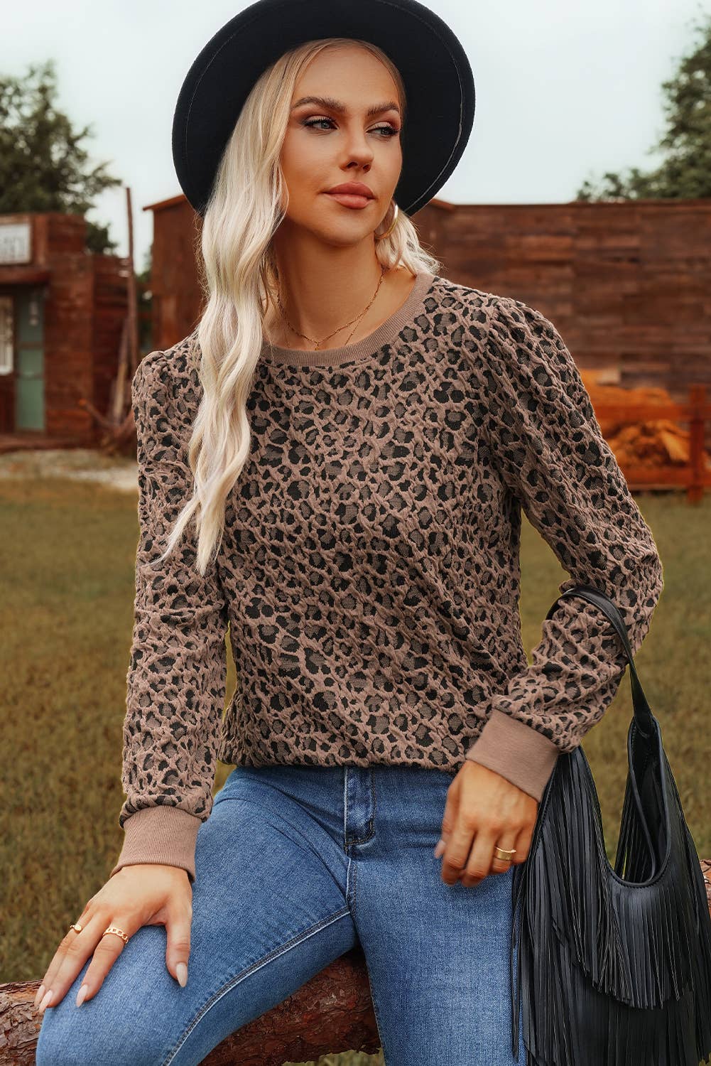 fashionworks - Wholesale Knit Top - Women's - Western Ribbed Trim Leopard Print Long Sleeve Top *S-4X2