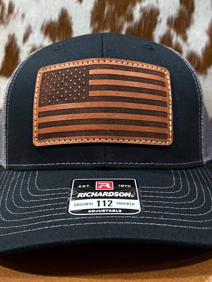 American Flag Leather Patch Hat. sewn, not glued! for wholesale by NDesigns Leather
