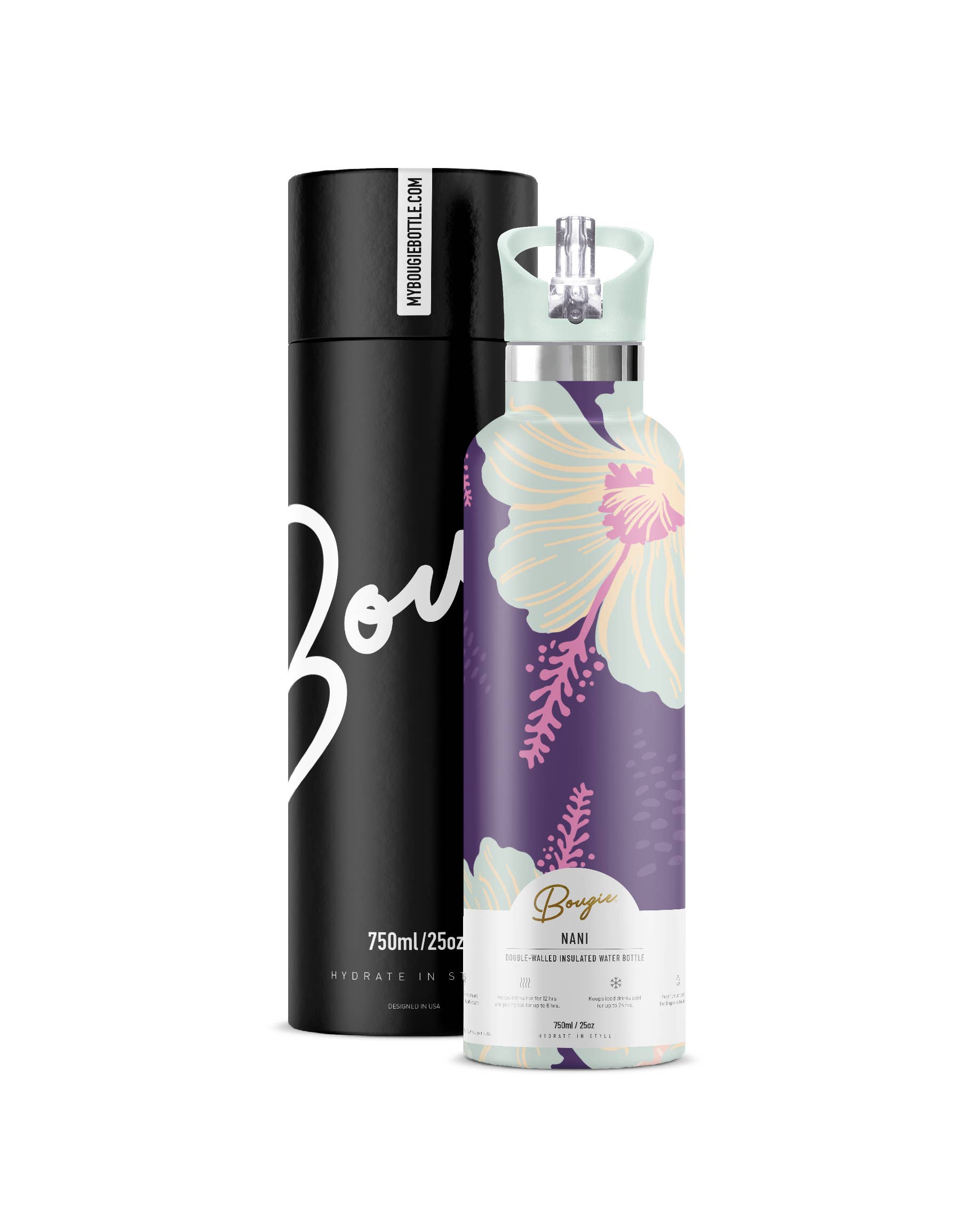 My Bougie Bottle - Wholesale Water bottle - NANI Hibiscus Flower 25 oz Insulated Water Bottle Purple