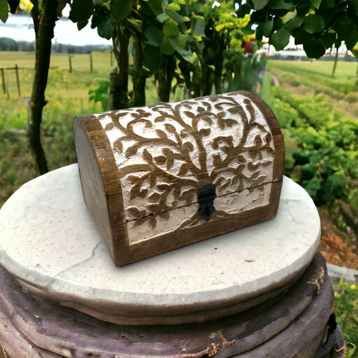 Wilco Home - Wholesale Decorative Box - Hand-Carved Wood "Tree of Life"Hinged Box Spring Chest
