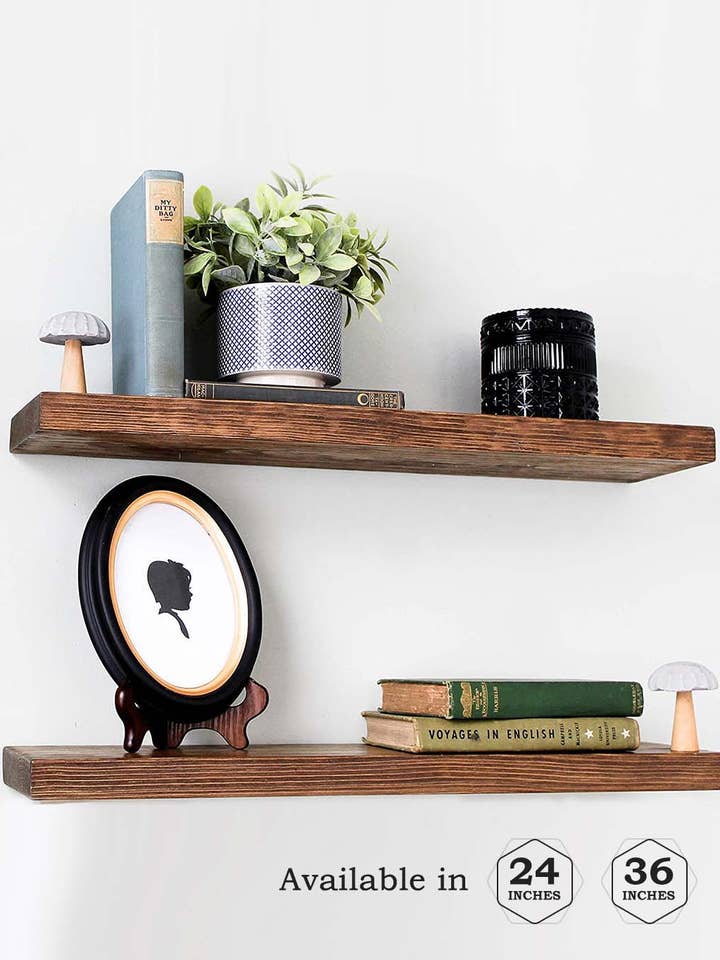 Connie (Light Walnut) - Floating Shelves, Rustic Wood Shelves Wall Mounted - Set of 2 Wall Shelves for Bedroom, Bathroom, Family Room, Kitchen, Office – Smart Mounting Brackets - 24 x 6 x 1.5 in / 36 x 6 x 1.5 inches for wholesale by Willow and Grace Designs Inc