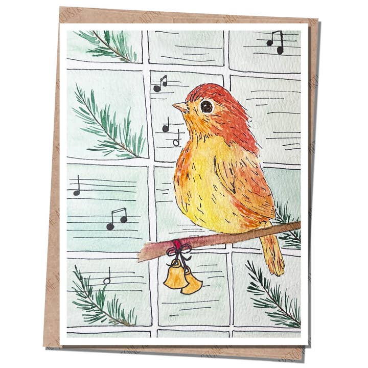 Bird and Bells Handmade Greeting Card Blank Inside for wholesale by Capstone Artistry