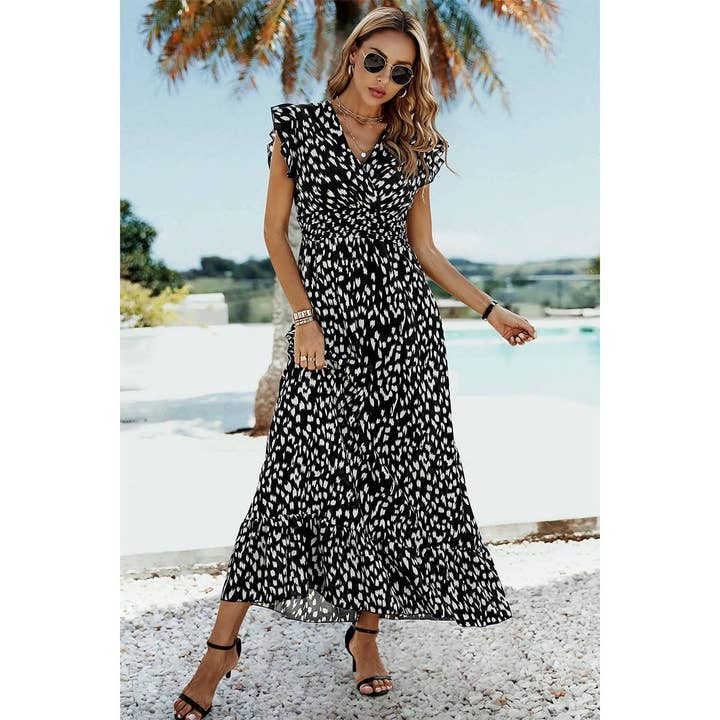 Sleeveless Tie Waist Surplice Wrap Leopard Dress for wholesale by Elings