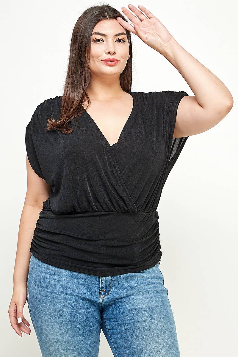 Haute Fox Plus Size & Contemporary - Wholesale Knit Top - Women's - Plus Size Slinky Knit Ruched Top - KY18023-T0