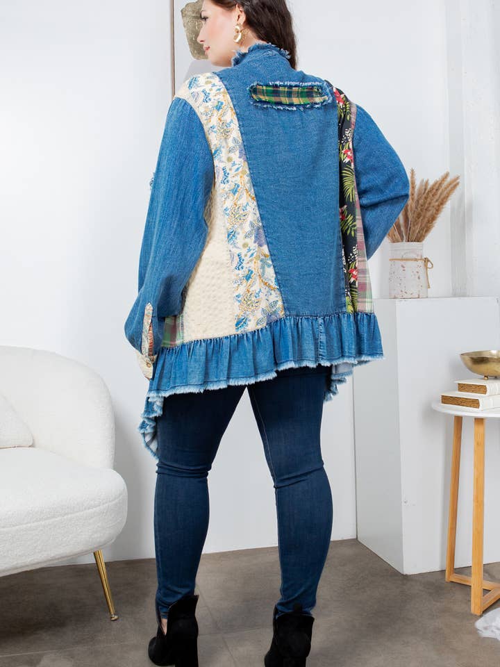 Young Threads - Wholesale Button Down Shirt - Women's - Western Boho Chic: Patched Denim Shrug ALSO IN PLUS