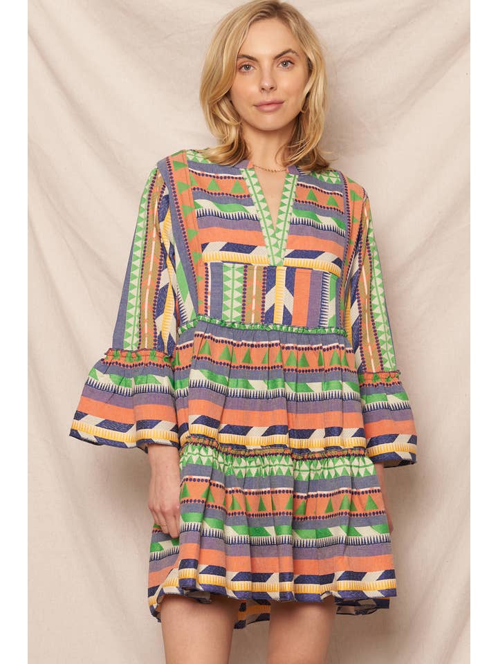 En Crème - Wholesale Dress - Women's - 3/4 Sleeve V-Neck Tiered Mini Dress