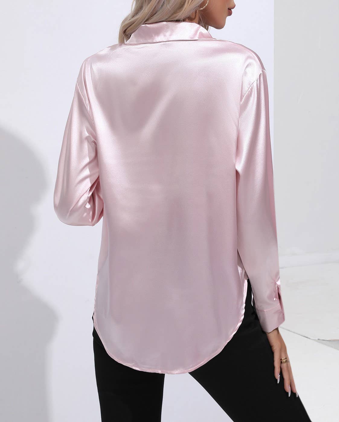 HIDDENBRAND - Wholesale Button Down Shirt - Women's - Satin Faux Silk Long-Sleeved Shirt21