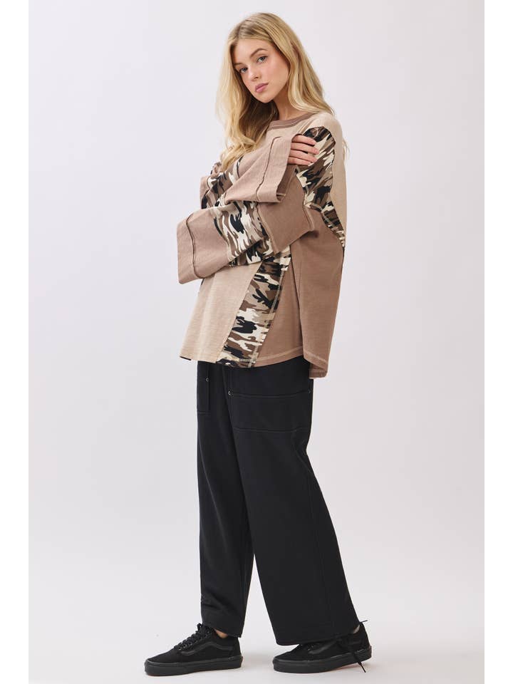 TAUPE COMBO Camo Patchwork Bell Sleeve Top for wholesale on Faire13