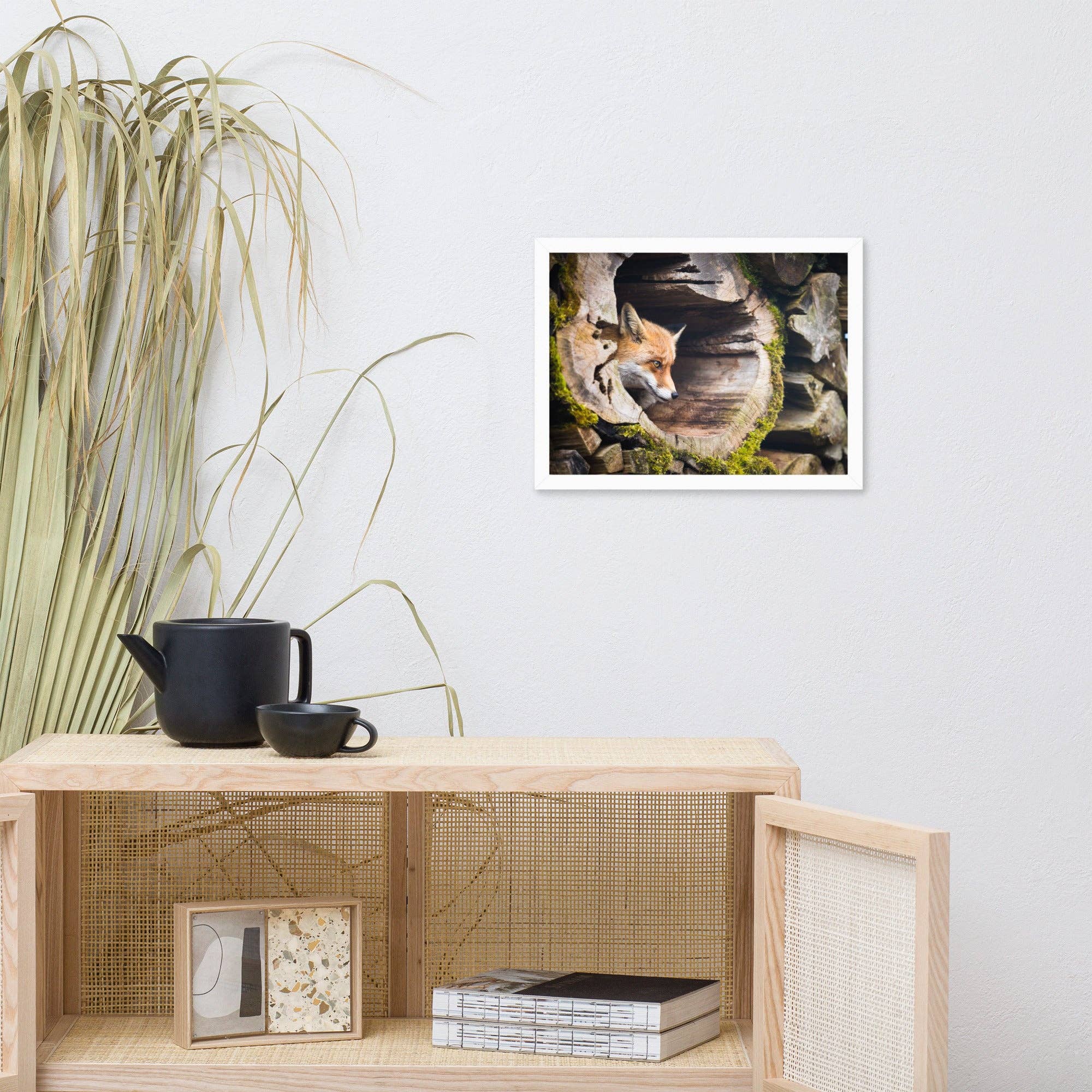 Pipa Wall Art & Home Decor - Wholesale Art Print - Young Red Fox Face In Mossy Stump Wildlife Nature Framed Art15