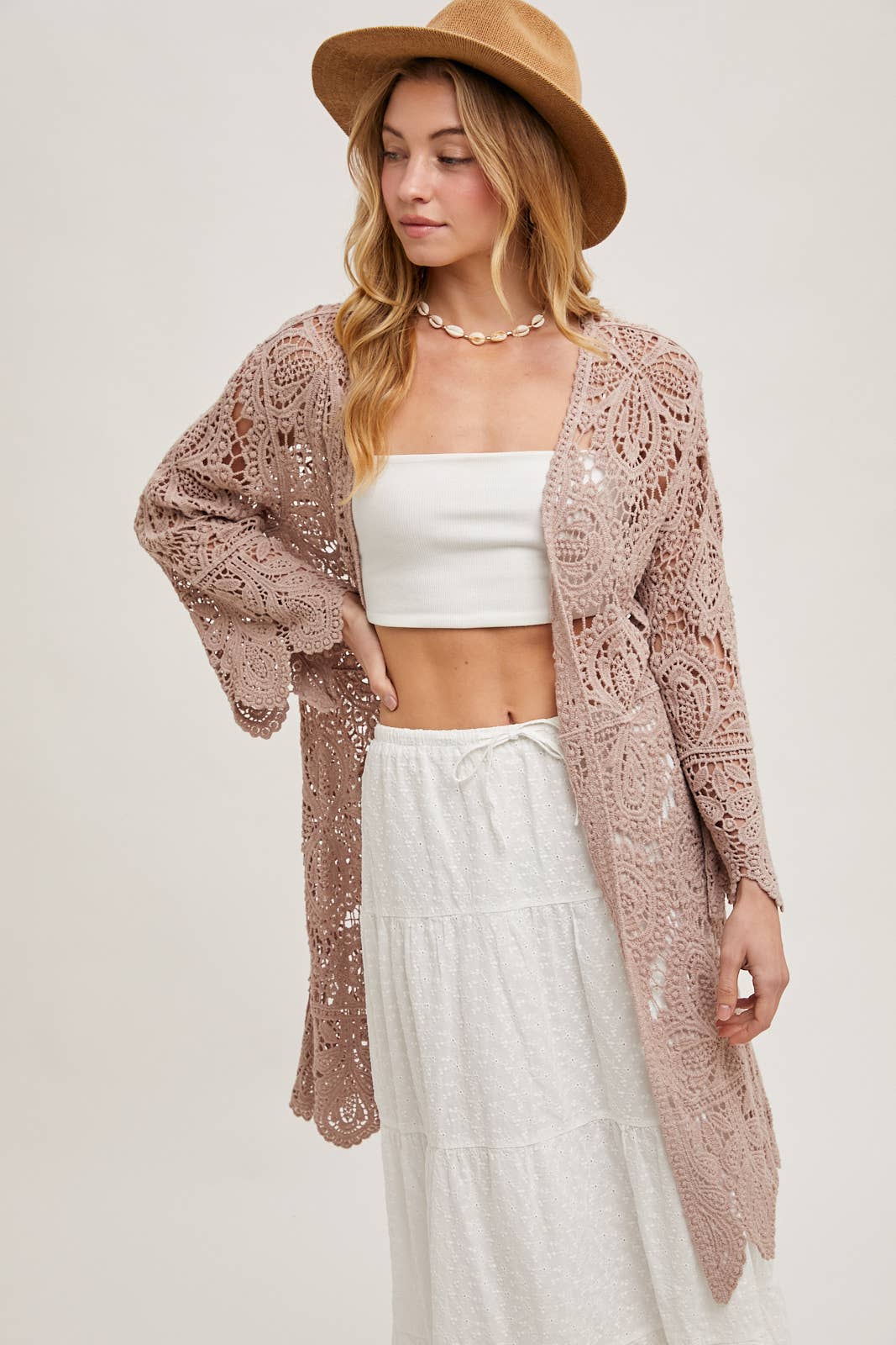 Bluivy - Vente Cardigan – femme - Cardigan en crochet ouvert à manches cloche, longueur genou21