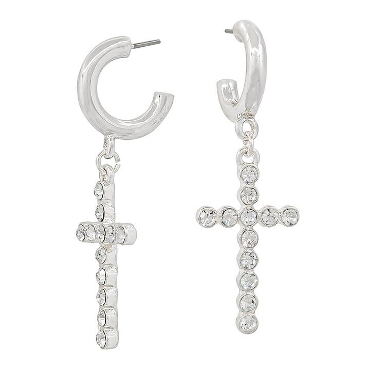 Orecchino a cerchio in argento da 0,5" con ciondolo a croce in strass per la vendita all'ingrosso da parte di What's Hot