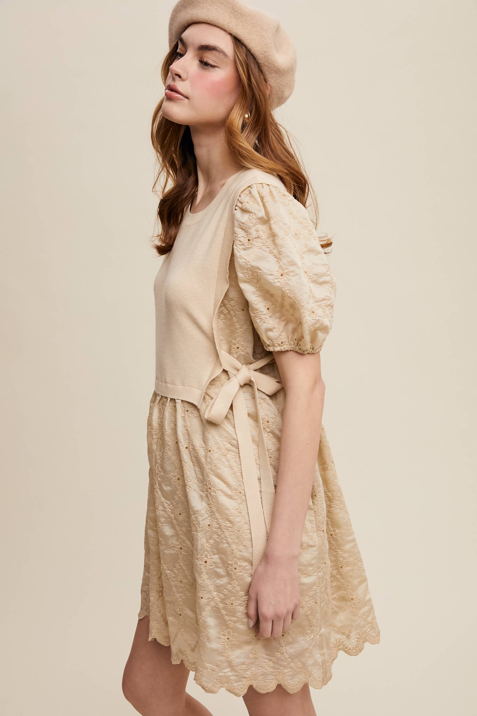 Listicle - Wholesale Dress - Women's - Embroidered Puff Sleeve Dress with Knit Vest13