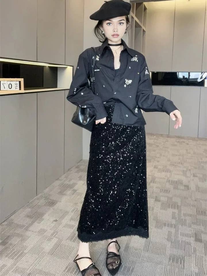 White Shirt with Sequin Embroidery - 100% Cotton 8565 for wholesale by ARTFLOW