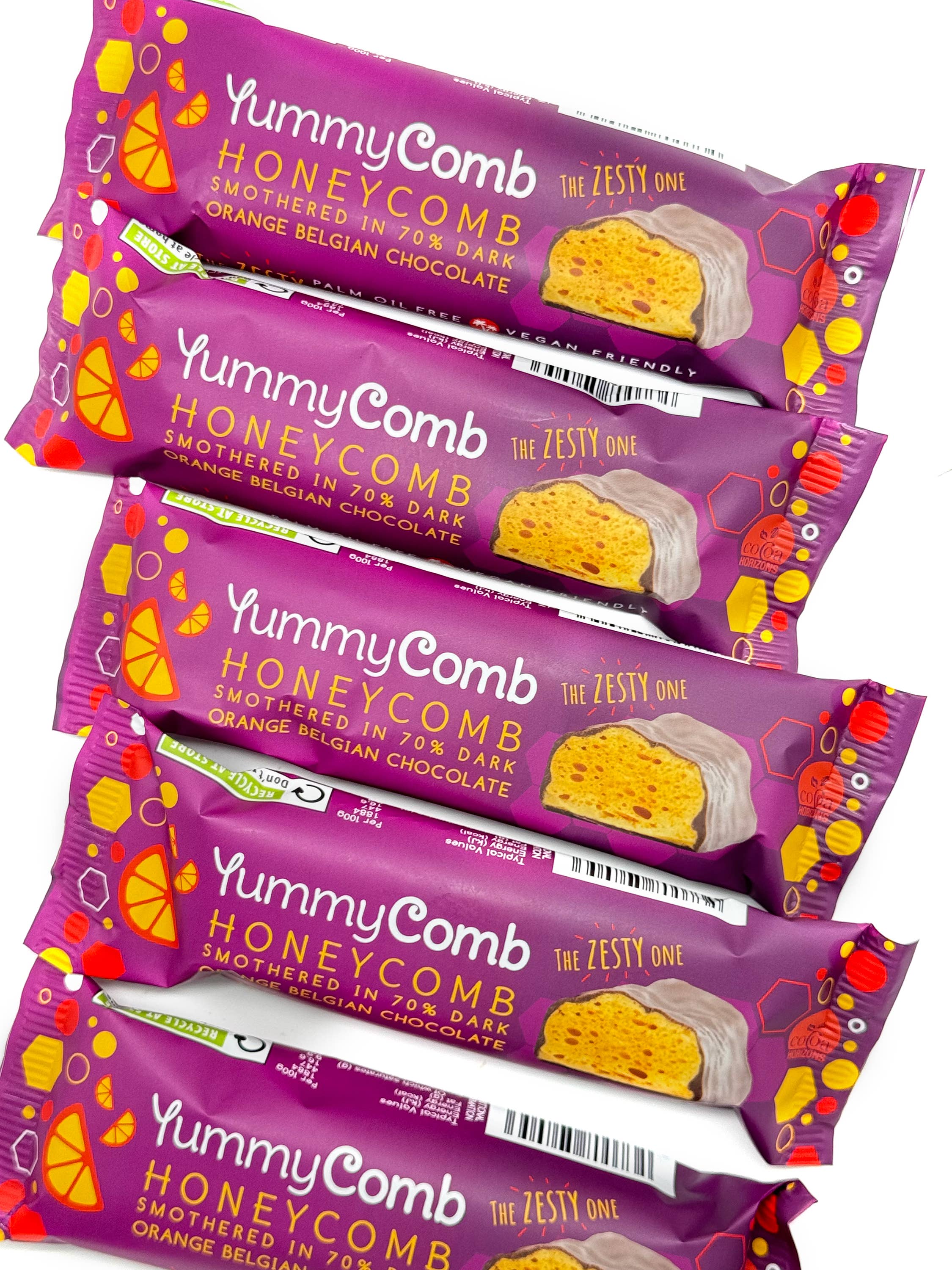 Yummycomb - Wholesale Chocoladereep - 12 stuks honingraatrepen van 35 g, omhuld met 70% donkere Belgische sinaasappelchocolade