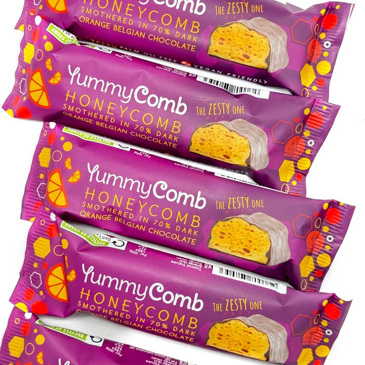 12 x 70% Dark Orange Belgian Chocolate Honeycomb bars (35g) for wholesale by Yummycomb