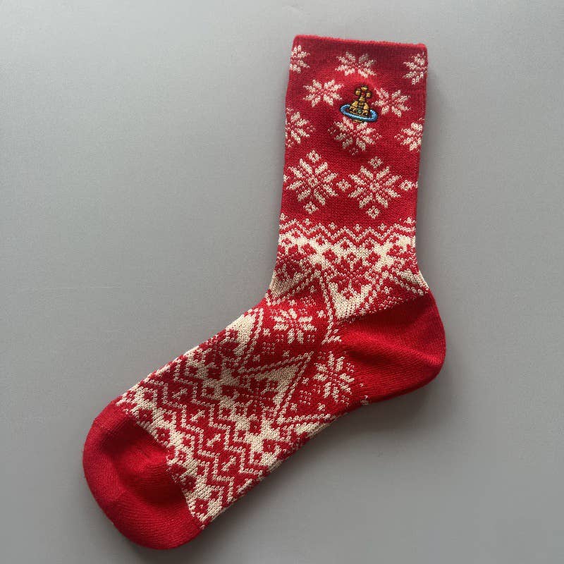 Tourtiwi - Wholesale Socks - Women's - Red Snowflake & Geometric Patterns Christmas Crew Socks5