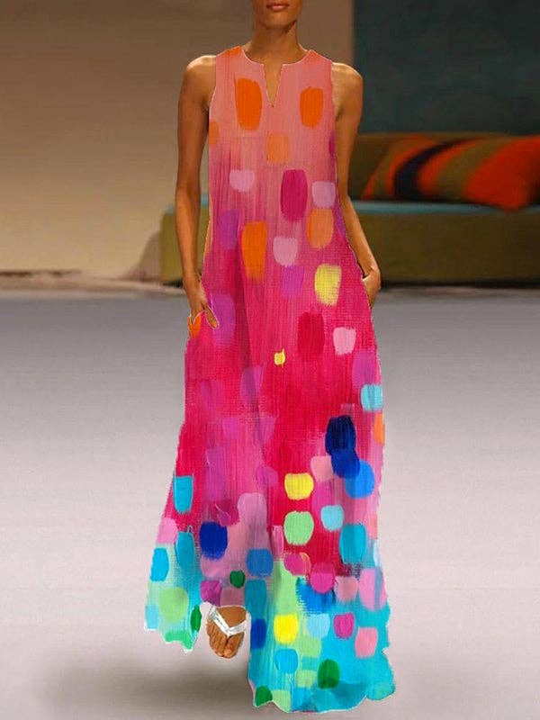 COLORFUL Loose Sleeveless Contrast Color Printed V-Neck Maxi Dresses for wholesale on Faire