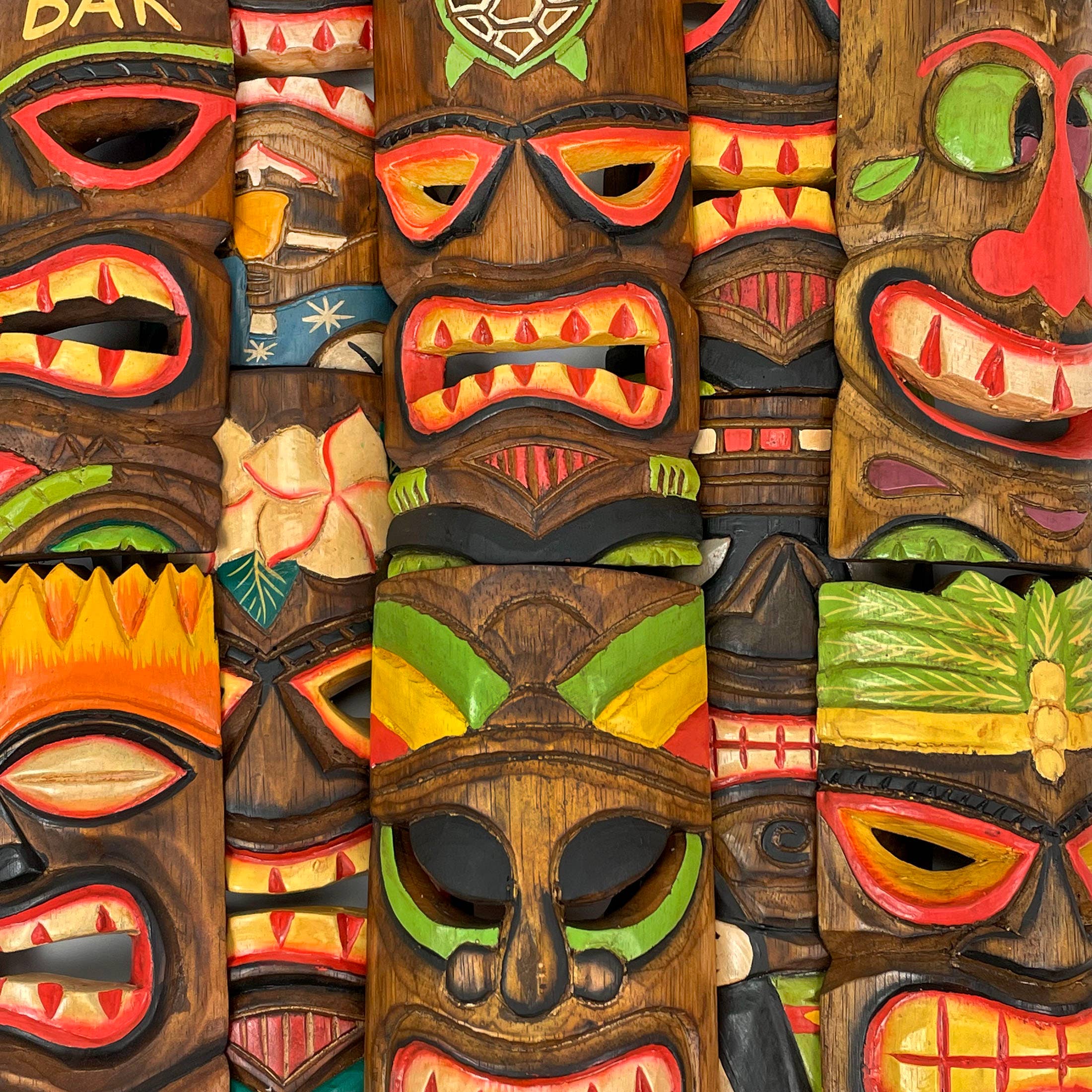 Zeckos – wholesale Sculpture – Set of 10 Hand Carved Wood Polynesian Tiki Masks 10 Inches7