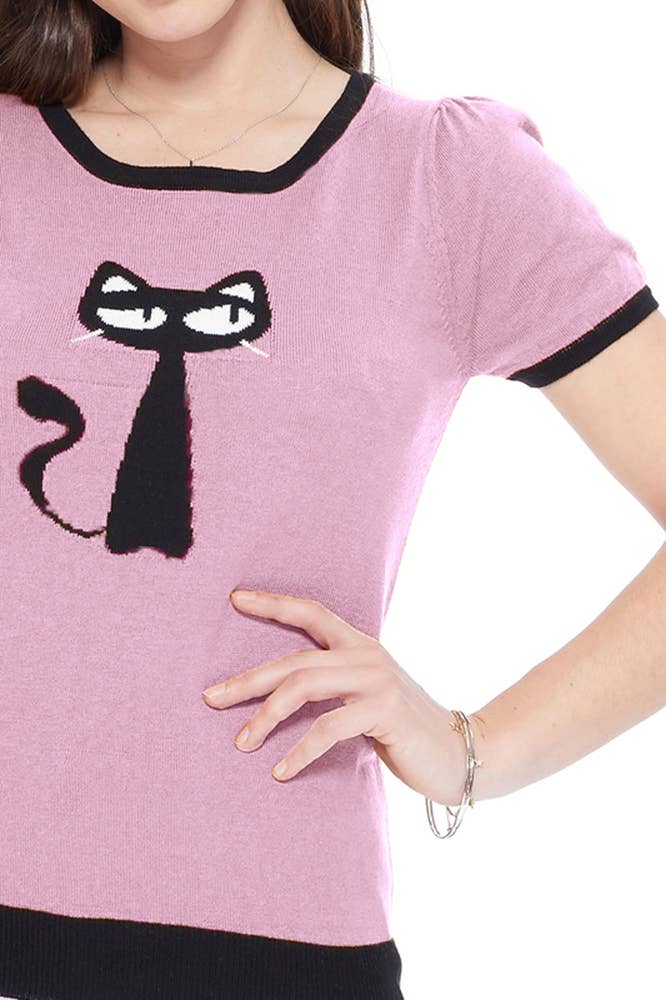 Mak - Wholesale Knit Sweater - Women's - Short Sleeve Crewneck Cat Print Casual T-Shirt Sweater11