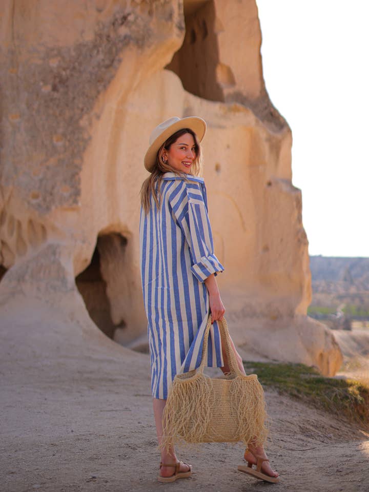 Moa - Wholesale Dress - Women's - Striped Short Linen Shirt Dress7