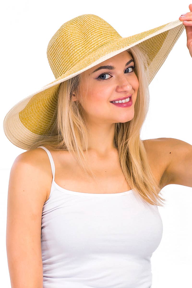 Cap Zone - Wholesale Straw Hat - Women's - Mixed Natural Stripe Trim Wide Floppy Sun Hat0