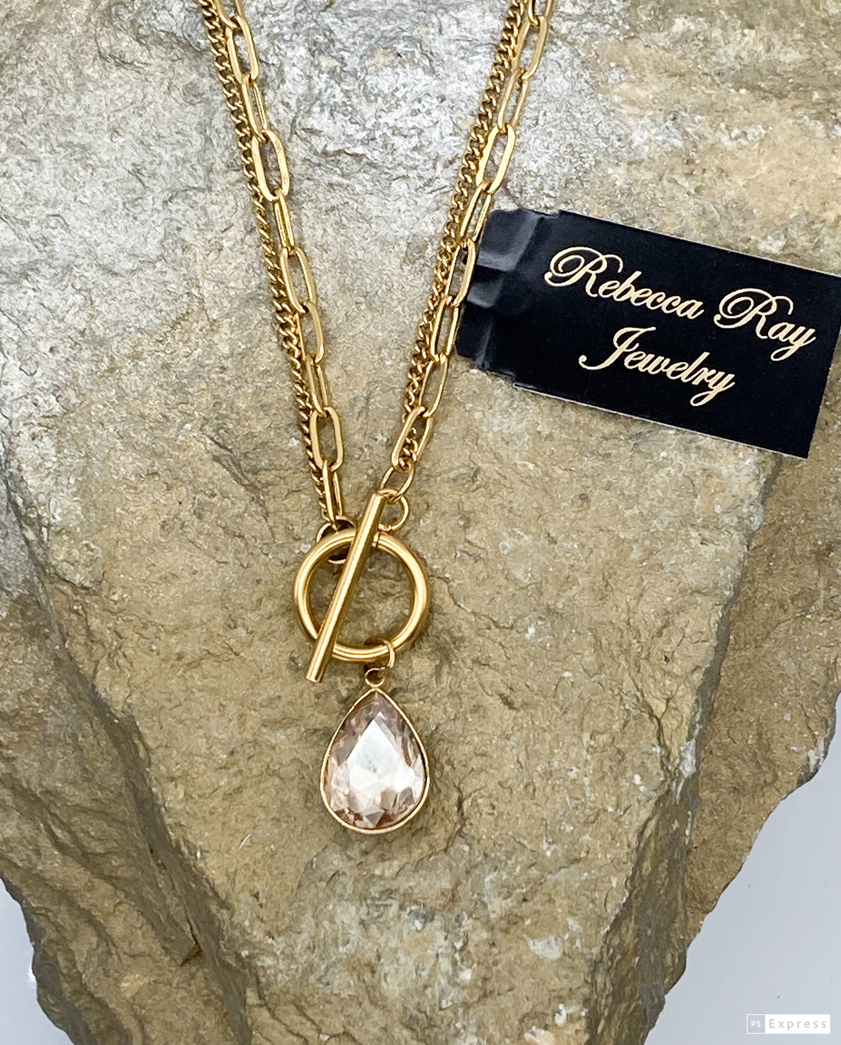 Rebecca Ray Jewelry - Wholesale Pendant/Charm Necklace - Gold Double Strand Toggle Necklace with Crystal Teardrop4