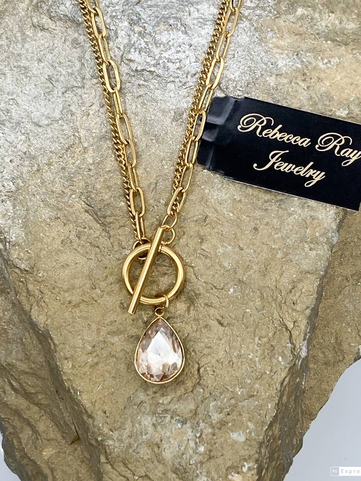 Gold Double Strand Toggle Necklace with Crystal Teardrop for wholesale by Rebecca Ray Jewelry
