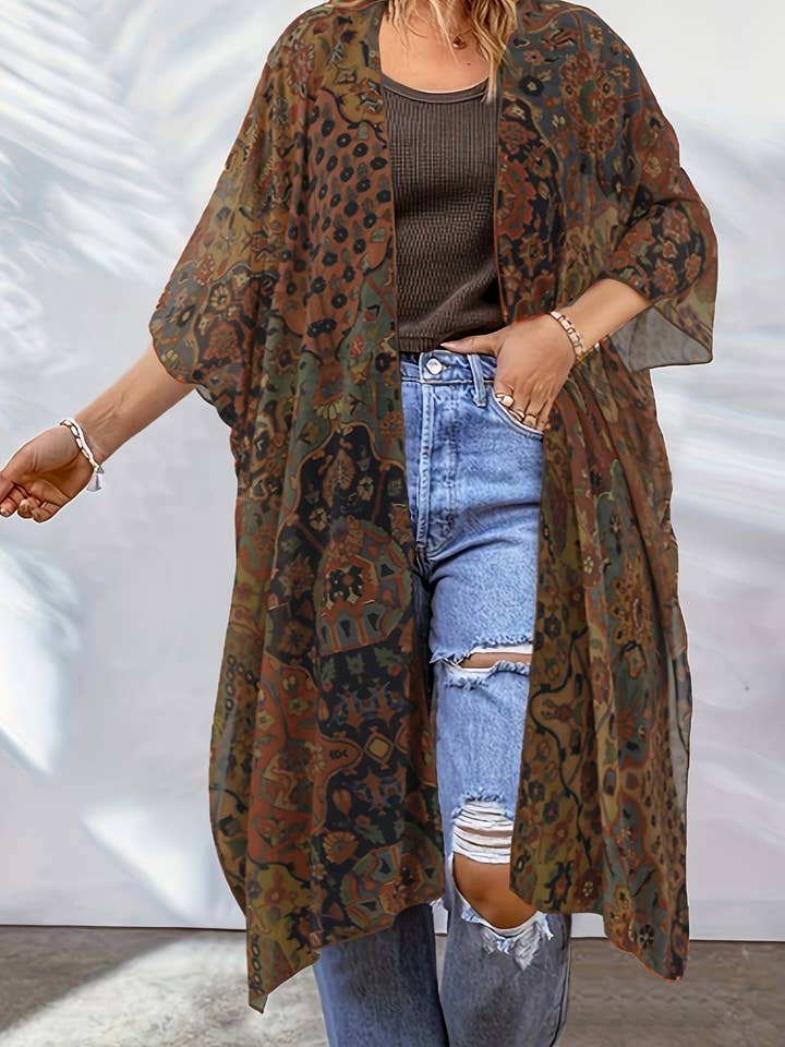 SWIMFA - Wholesale Kimono - Women's - Women'S Boho Chic Open Front Kimono Cardigan - Vibrant Mandala Pattern, Lightweight Polyester, Sleeveless Travel Dress for Spring/Summer/Fall, Beach Coverup, Kimono Style Cardigan