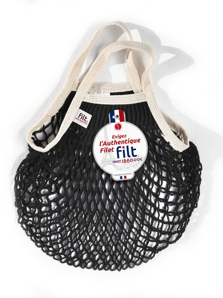 Shopping net bag Black with size mini ecru handles for wholesale by Filt1860