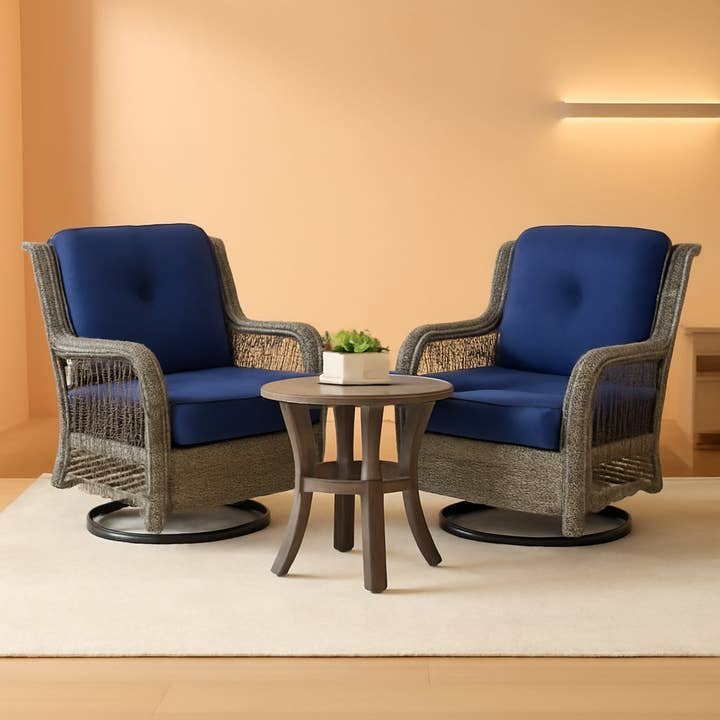 Outdoor Wicker Patio Bistro Set With 2 Swivel Chairs Navy for wholesale on Faire