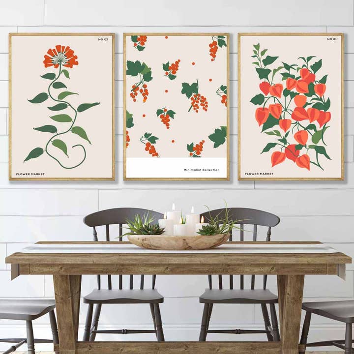 Vintage Graphical Orange Flowers Set mit 3 Wanddrucken für den Großhandel von Artze Wall Art