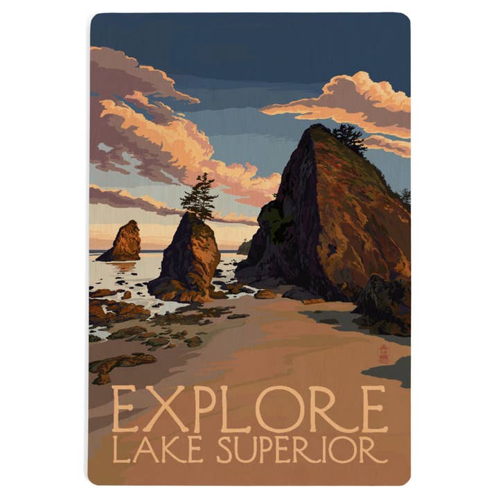 WOOD POSTCARD Explore Lake Superior, Rocky Shore for wholesale by Lantern Press