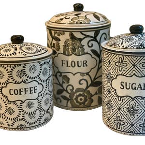Just Words Flour Coffee Sugar Tea White Ceramic Kitchen Canister Set of 4
